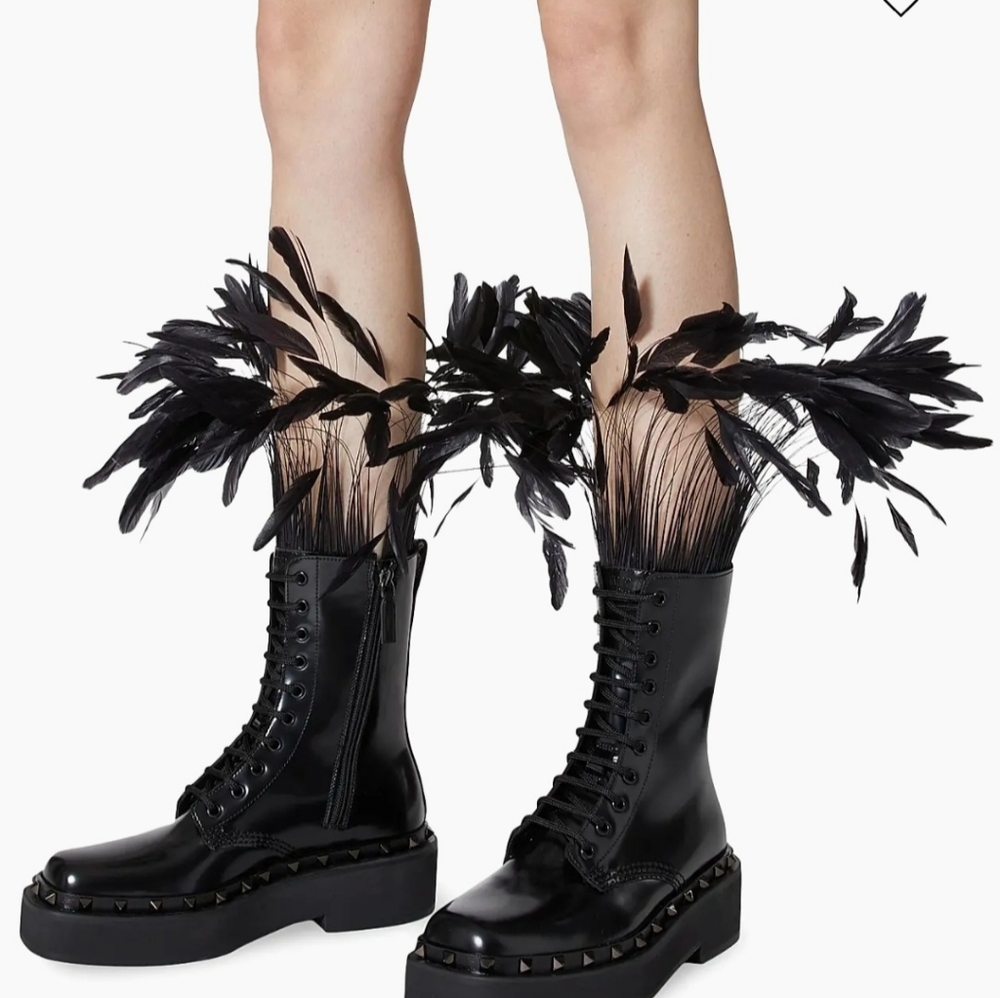 Valentino Garavani Black Combat Boots with Feather Detail